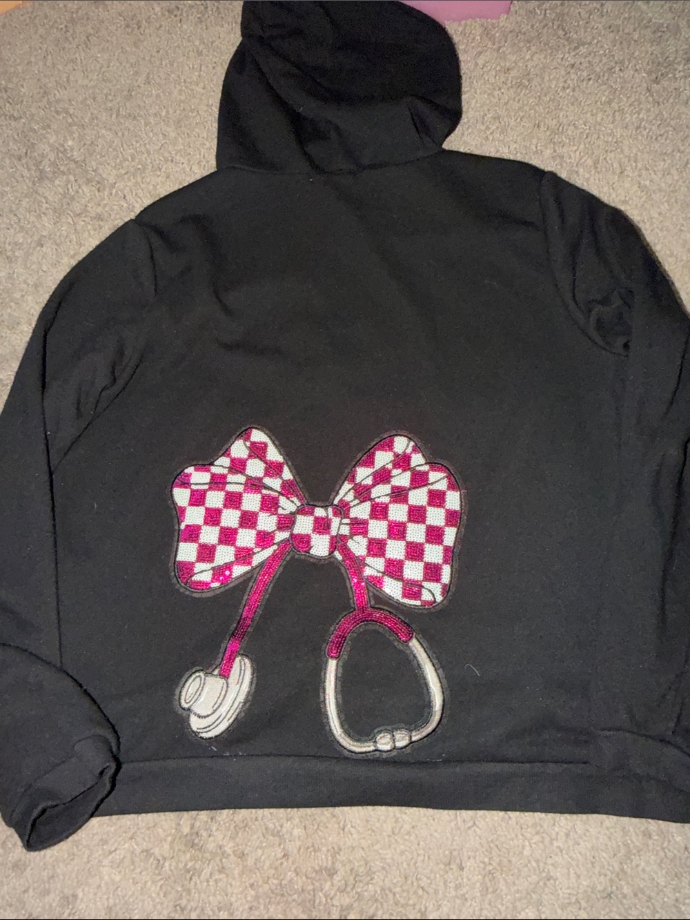 Custom Black HEALTHCare Hoodie with Pink Checkered Bow & Stethoscope Graphic